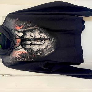 ALLSAINTS black hoodie w/ wolf design. No front pocket.